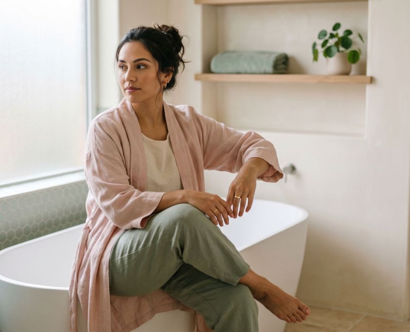 Mujer sentada en un baño iluminado por el sol, reflexionando — normalizando la conciencia corporal y las rutinas de higiene diaria