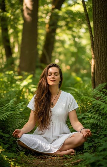 Woman meditating outdoors in nature, representing feminine mindfulness and presence