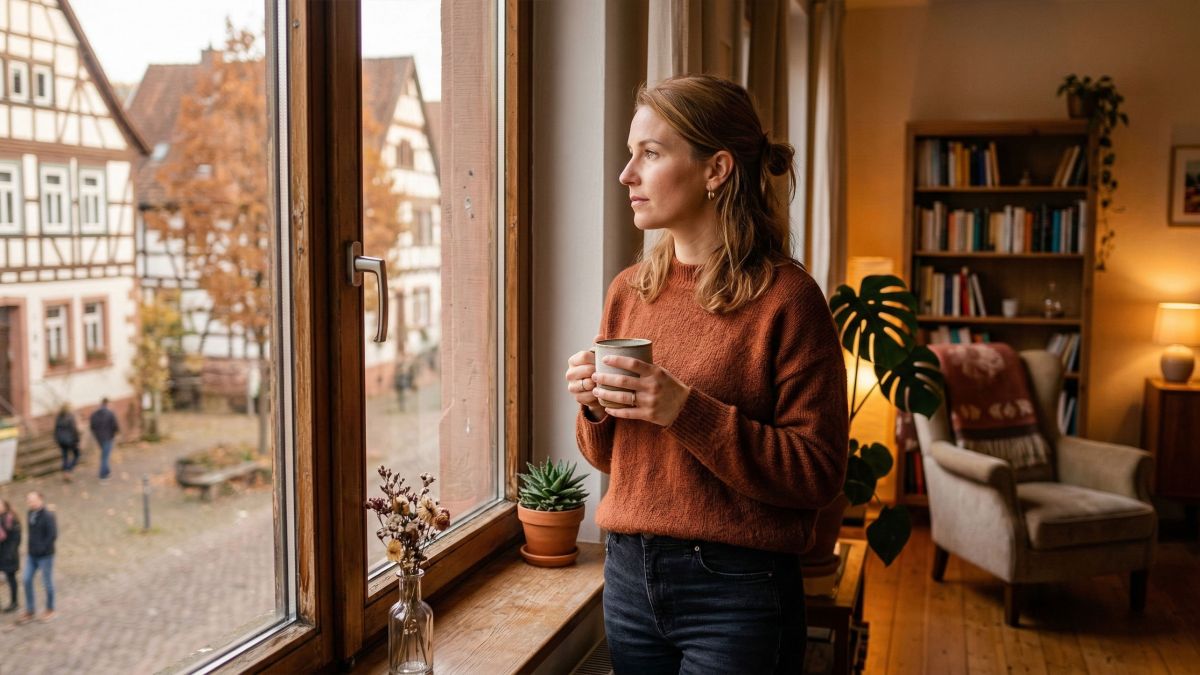 Eine nachdenkliche Frau blickt aus dem Fenster in einer warmen Wohnumgebung.
