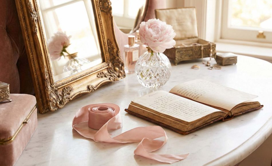 A sophisticated feminine vanity featuring a gold mirror and journal, representing the history of women's private education and health.