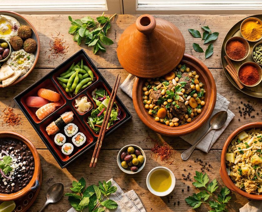 Overhead flat-lay of traditional dishes from Lebanon, Japan, Mexico, Morocco and India arranged on a rustic wooden table with fresh herbs and spices