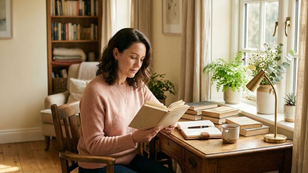 A woman seated at a sunlit desk reading and reflecting in soft warm light