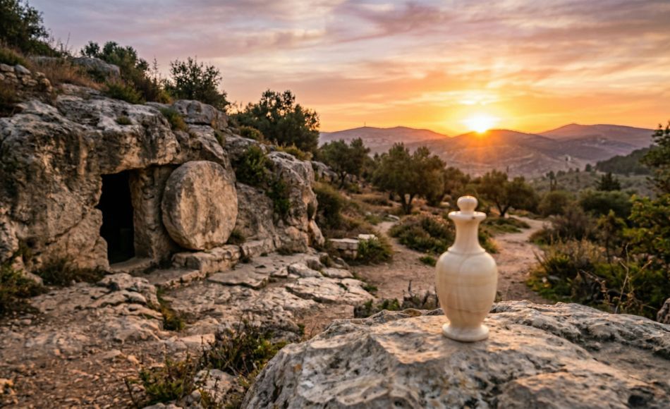 Sunrise over an empty ancient stone tomb with an alabaster jar in the foreground, symbolizing Mary Magdalene’s witness.