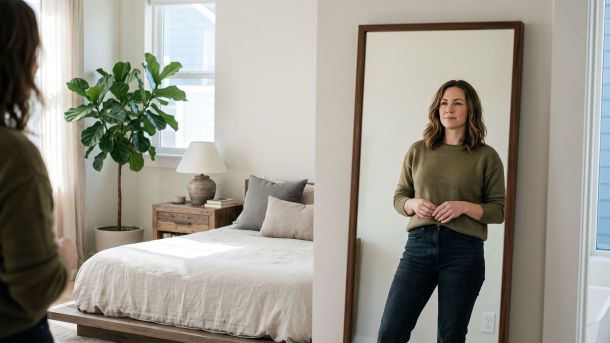Woman reflecting on body image and self-perception in a thoughtful moment