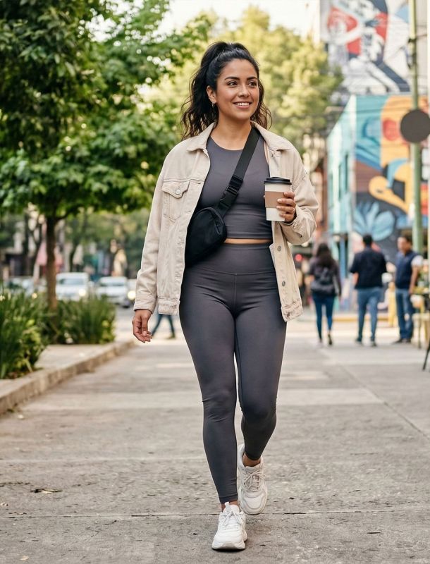 Una mujer elegante camina por una acera urbana con ropa activewear verde oliva y una chaqueta beige.