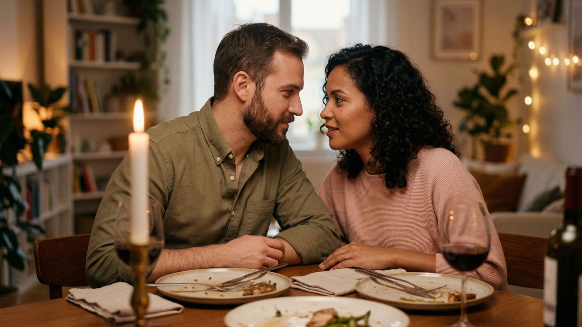 Um casal compartilhando um jantar aconchegante à luz de velas em casa, rindo e se inclinando um para o outro em conexão genuína