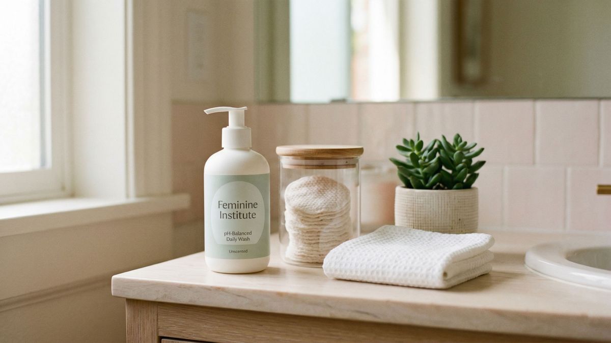 Gentle feminine bathroom scene with natural skincare products representing a mindful women's hygiene routine