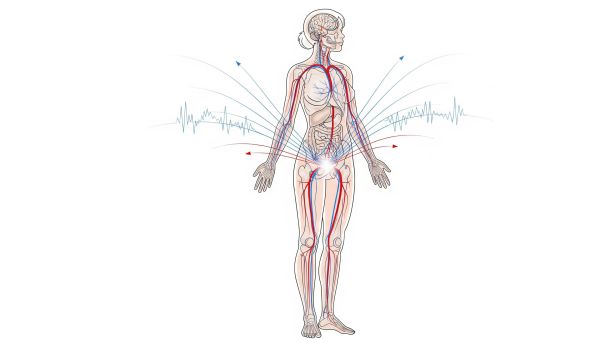 Educational illustration of brain and pelvic anatomy showing neural and blood-flow patterns during sexual arousal.