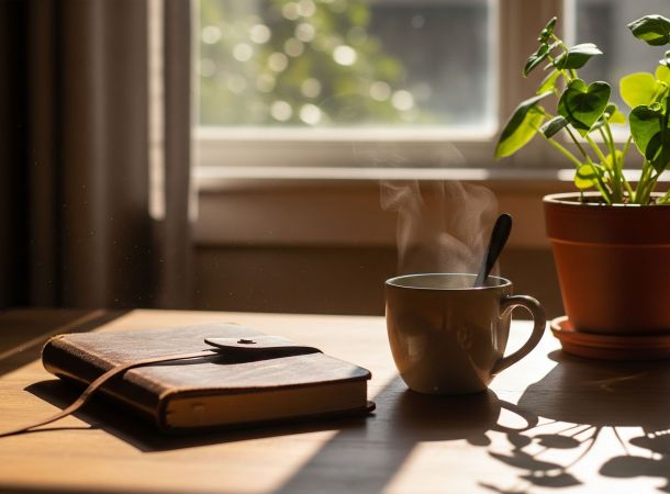 Eine friedliche Morgenszene mit einem Tagebuch, Tee und natürlichem Licht, die emotionales Gleichgewicht symbolisiert