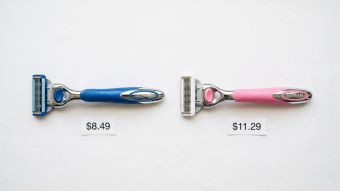 Pink and blue razors side by side with price tags showing the cost difference — the pink tax illustrated