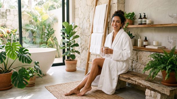 Mulher seguindo uma relaxante rotina de higiene após o banho em um banheiro moderno