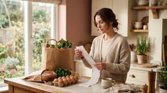 Woman reading a long grocery receipt at her kitchen counter, reflecting on why people vote against their own interests