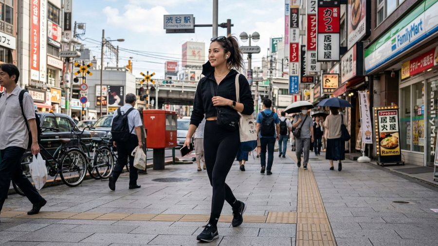 オリーブグリーンのアクティブウェアとベージュのジャケットを着たスタイリッシュな女性が、都市の歩道を歩いている。