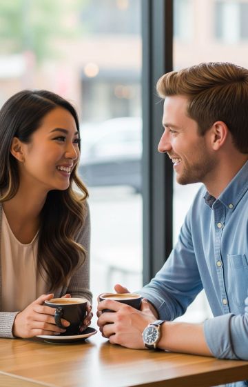Couple talking and smiling over coffee, representing open communication in relationships