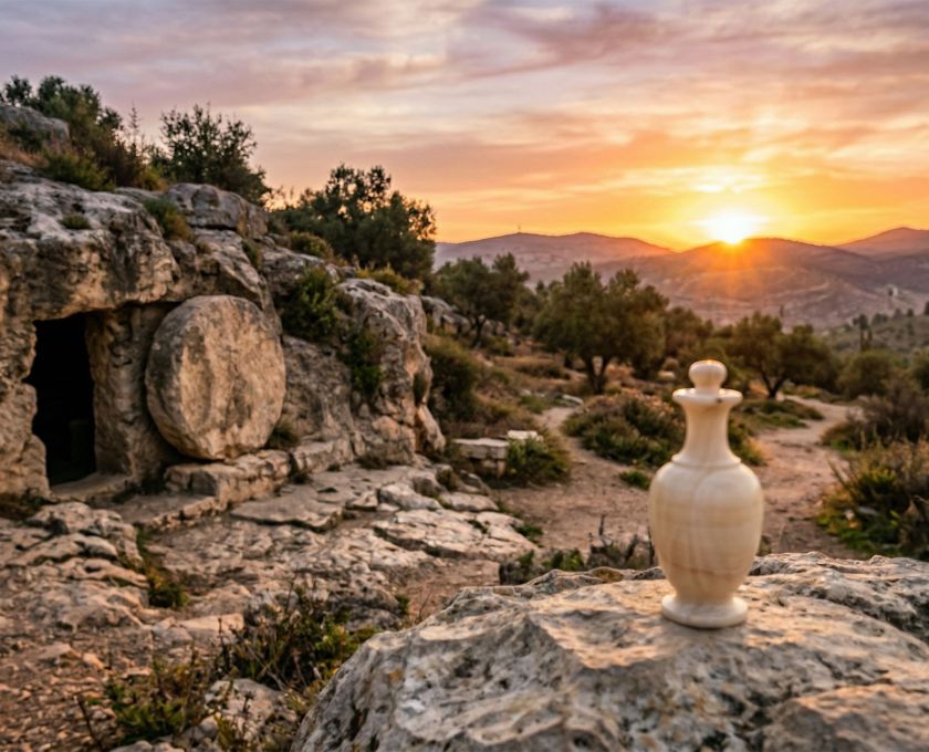 Amanecer sobre una tumba antigua de piedra vacía, con un frasco de alabastro en primer plano, que simboliza el testimonio de María Magdalena.