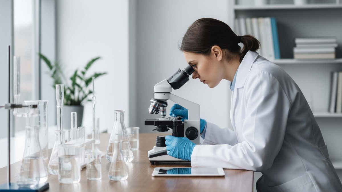 Chercheuse analysant un échantillon microscopique