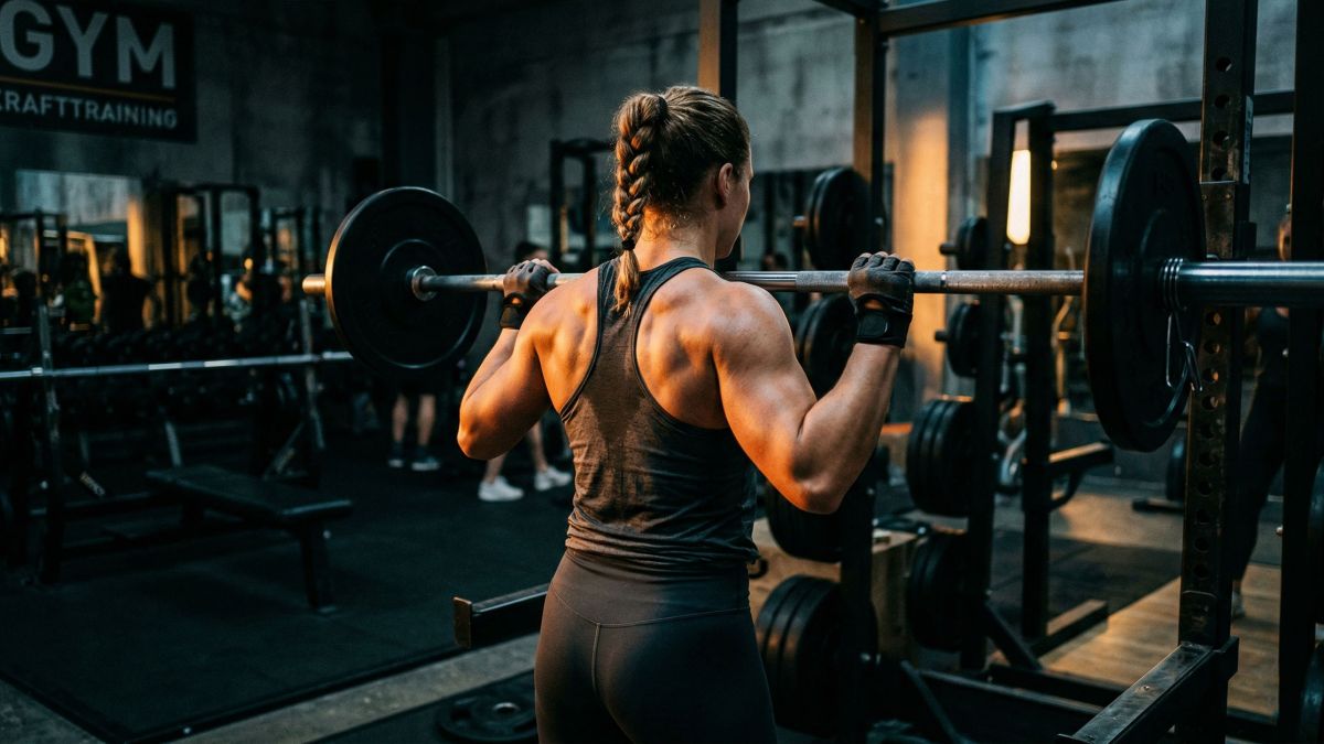 Starke weibliche Athletin beim Training im Fitnessstudio, Rückansicht mit definiertem Rücken- und Armmuskeln bei dramatischem Seitenlicht