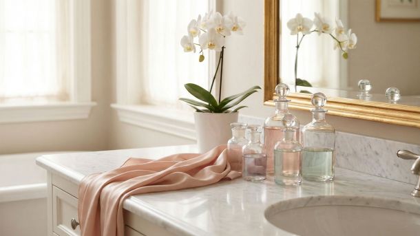 Eleganter Frisiertisch mit Luxus-Pflegeprodukten und Orchideen, die globale feminine Schönheit symbolisieren.