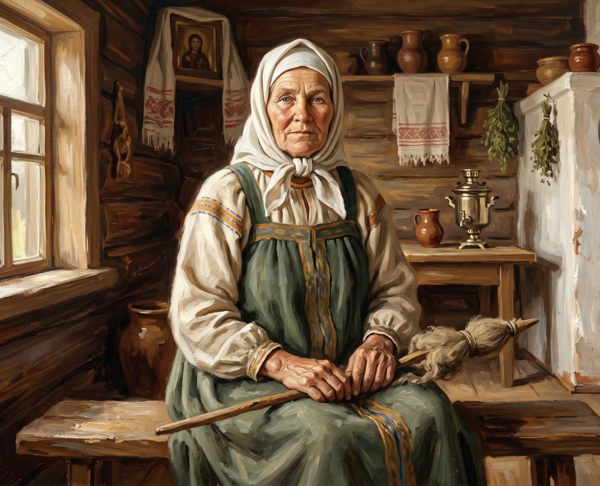 Historical portrait-style illustration of a dignified 18th-century Russian peasant woman in traditional dress, seated in a warm wooden interior with soft window light — representing the unnamed mother who gave birth to 69 children
