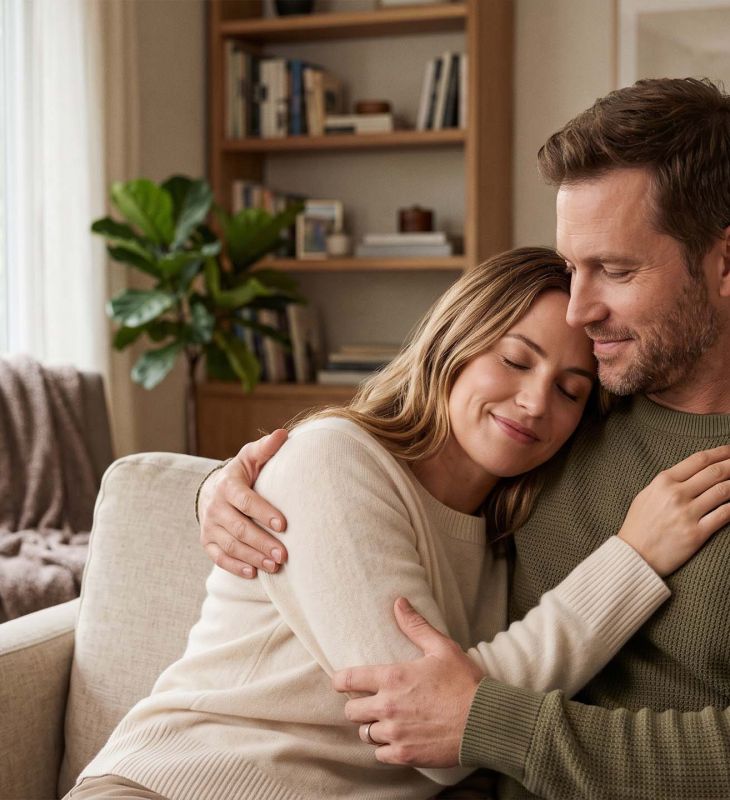 Woman smiling with eyes closed as she breathes in the scent of her partner's shirt in warm morning light