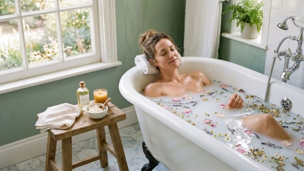 Woman relaxing in a bath surrounded by natural botanicals and seasonal flowers.
