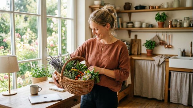 Eine moderne Frau, die Familie und häusliches Leben in ruhiger Atmosphäre vereint und den Lebensstilwandel 2026 symbolisiert.