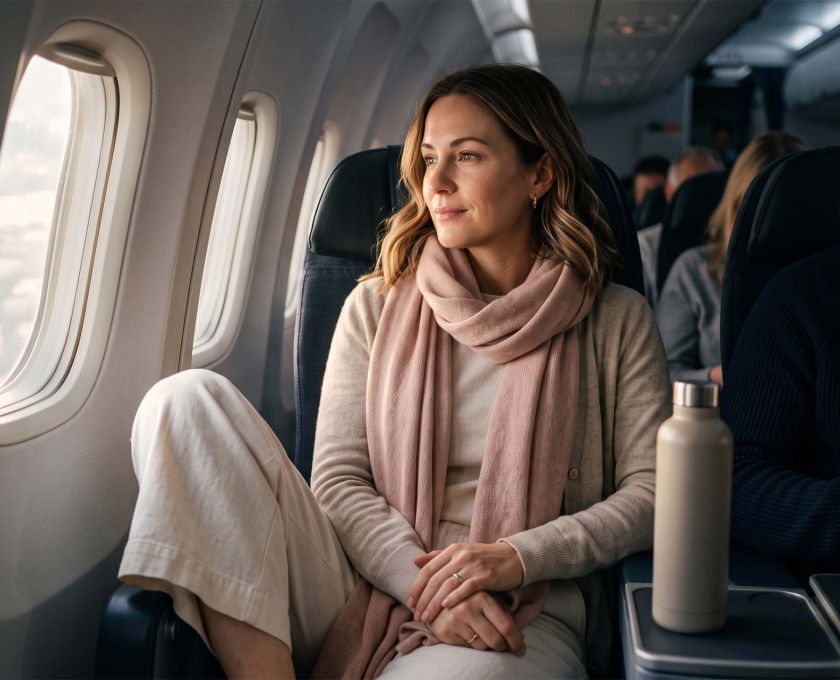 Woman in soft cotton and merino layers resting comfortably in an aircraft window seat on a long-haul flight