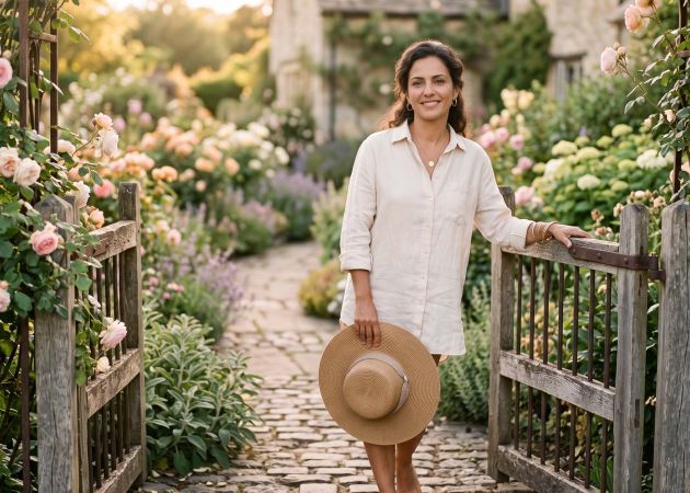 Mulher serena vestindo linho diante de um portão de jardim coberto de rosas sob a luz dourada durante um fim de semana sem telas para cultivar uma mentalidade positiva.