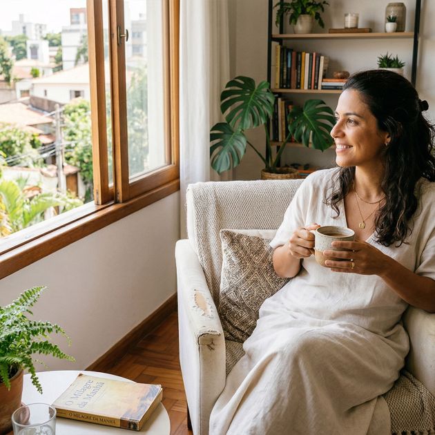 Uma mulher tranquila desfrutando de um momento calmo em uma casa limpa e iluminada.