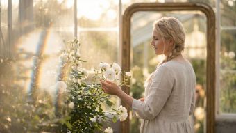 Eine Frau im sanften Licht, die &uuml;ber ihren Weg zu K&ouml;rpervertrauen und Selbstliebe nachdenkt.