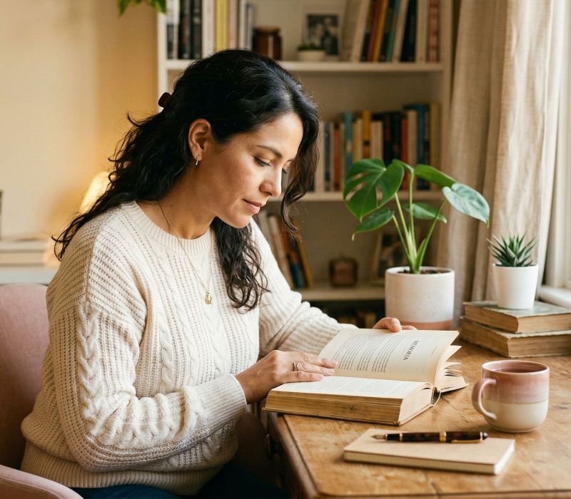 Una mujer sentada en un escritorio iluminado leyendo y reflexionando con luz cálida y suave
