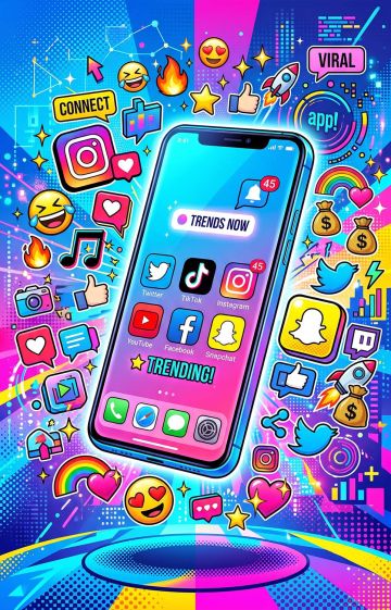 A stylized smartphone floating among vibrant digital icons, representing viral media and pop culture trends.
