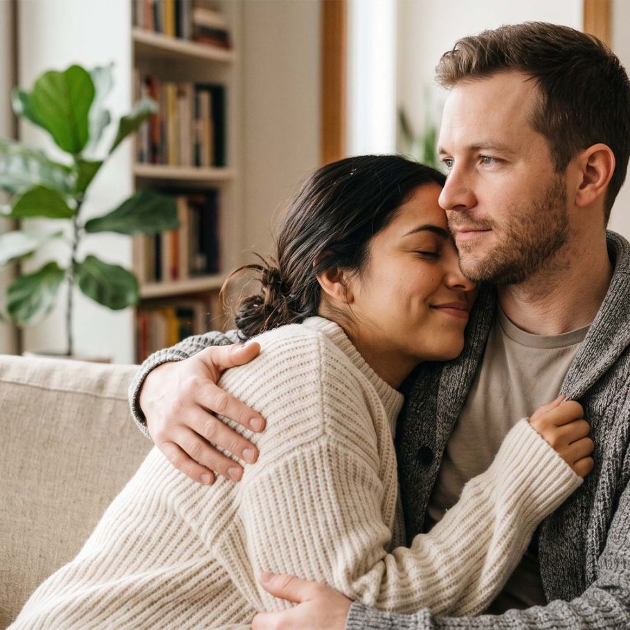 Mujer sonriendo con los ojos cerrados mientras respira el aroma de la camisa de su pareja bajo la cálida luz de la mañana.