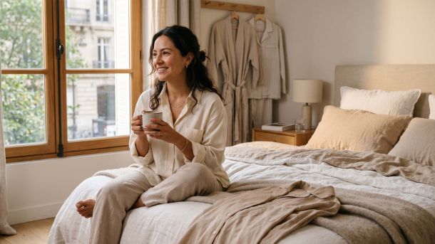 Mujer relajándose en la cama, representando los hábitos y preferencias de ropa para dormir de las mujeres