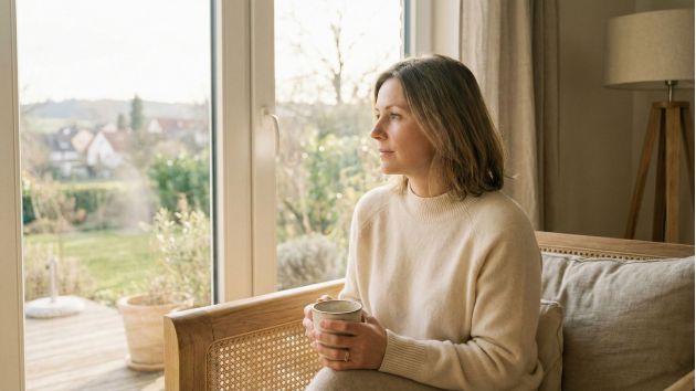 Eine Frau, die in einem ruhigen, sonnendurchfluteten Raum reflektiert und emotionale Ruhe sowie feminine Anmut verkörpert.