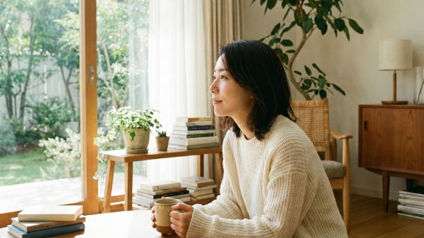 明るく静かな部屋でマインドフルな呼吸を行い、ストレスを和らげる女性。