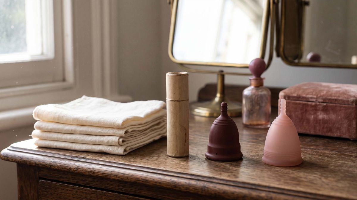 History of period products timeline shown on a sunlit dressing table with folded linen cloths, a vintage cardboard applicator, a rubber menstrual cup and a modern silicone cup
