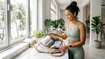Mulher com roupa esportiva clara colocando uma bolsa de academia após o treino, luz natural