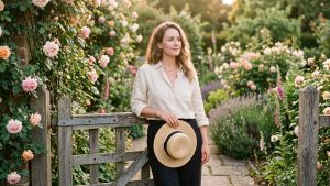 Serene woman in linen at a rose-covered garden gate in golden light during a screen-free weekend reset for a positive mindset