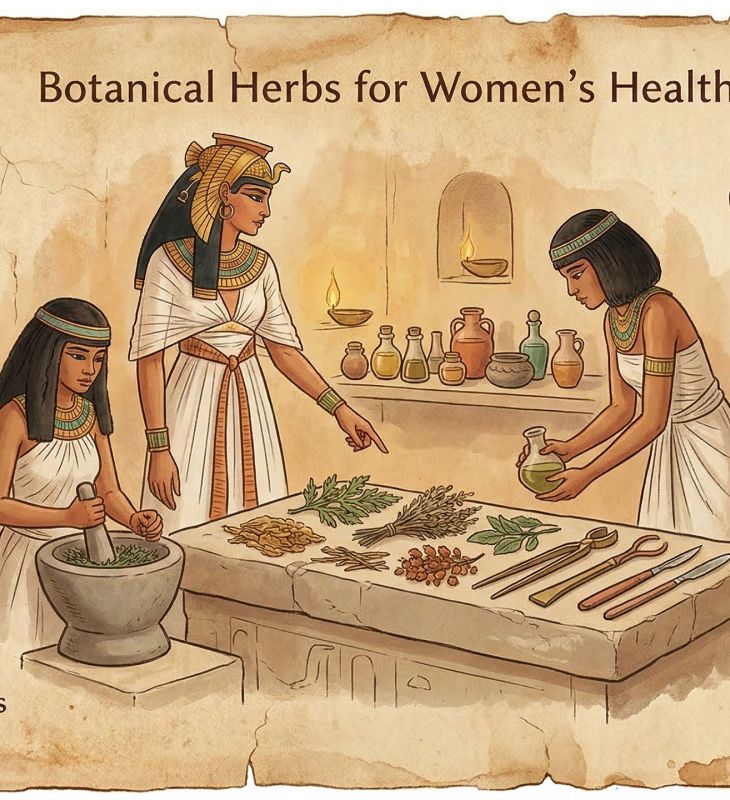 Ancient papyrus with botanical illustrations representing      early women's health treatments