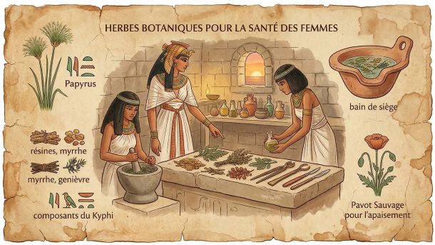Herbes séchées, parchemin et récipients en argile représentent d'anciens remèdes botaniques utilisés pour la santé des femmes à travers l'histoire.
