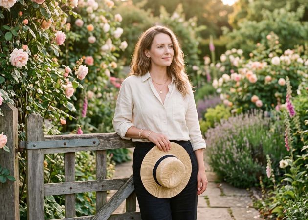 Serene woman in linen at a rose-covered garden gate in golden light during a screen-free weekend reset for a positive mindset