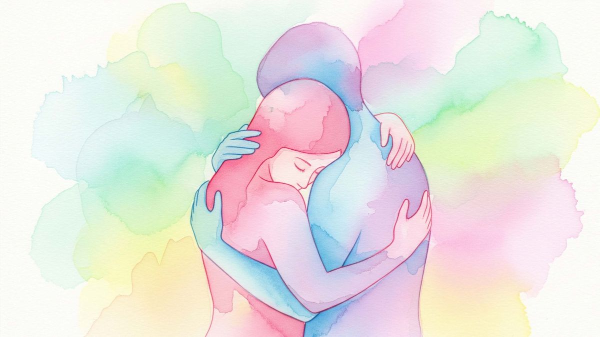 Abstraktes Aquarell von Paar in Umarmung f&uuml;r intimen Komfort