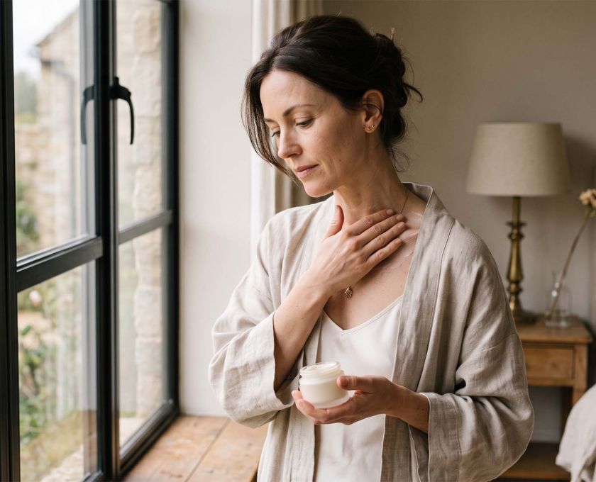 Woman in a linen robe applying cream to her collarbone and décolletage at a sunlit window during her morning skin care routine