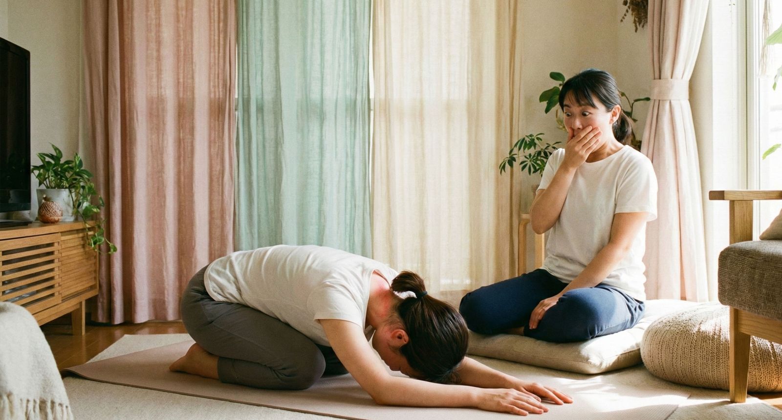 平和なヨガの場で練習する女性が、膣オナラに恥ずかしがっている様子。