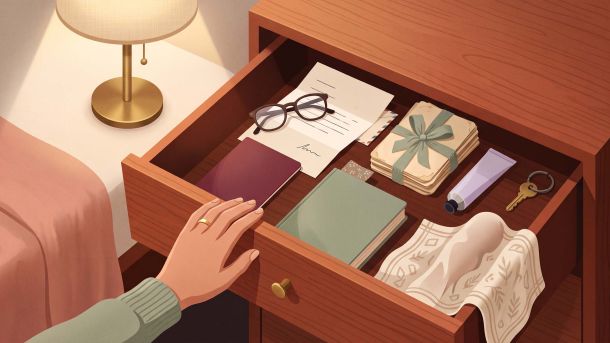Ilustración de un cajón abierto de una mesita de noche con objetos personales y la mano de una mujer apoyada en el borde