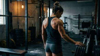 Forte atleta feminina treinando na academia, vista traseira mostrando músculos definidos das costas e braços sob iluminação lateral dramática