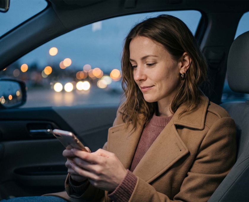 Woman in a camel coat sitting in her parked car at dusk checking her phone before a second date