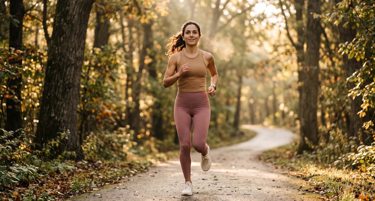 Mujer corriendo durante la hora dorada, ilustrando cómo el cuerpo femenino quema energía de forma diferente al de los hombres
