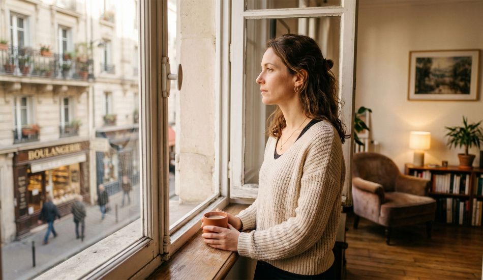 Une femme réfléchie regardant par la fenêtre dans un intérieur chaleureux.